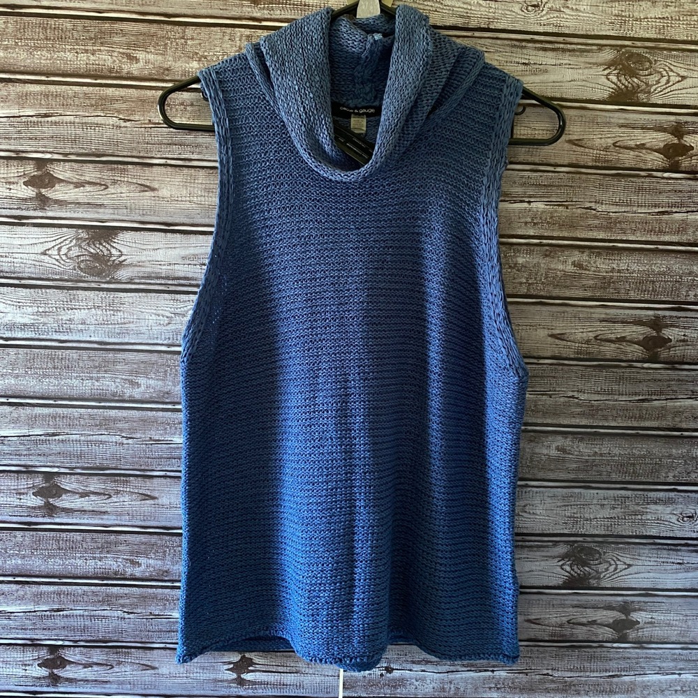 Cable & Gauge Women's Sleeveless Cowl-Neck Sweater‎ Size XL Blue Loose-Knit NWT